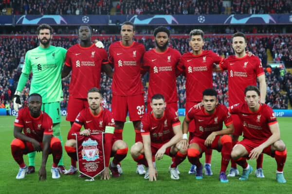 LIVERPOOL, ENGLAND - APRIL 13: The Liverpool team pose for a photo ahead of the UEFA Champions League Quarter Final Leg Two match between Liverpool FC and SL Benfica at Anfield on April 13, 2022 in Liverpool, England. (UEFA)