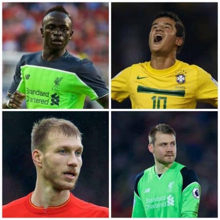 Sadio Mane, Philippe Coutinho, Ragnar Klavan and Simon Mignolet