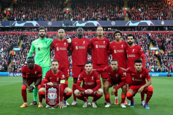 LIVERPOOL, ENGLAND - APRIL 27: Players of Liverpool FC line up prior to the UEFA Champions League Semi Final Leg One match between Liverpool and Villarreal at Anfield on April 27, 2022 in Liverpool, England. (Photo by Jan Kruger - UEFA/UEFA via Getty Images)