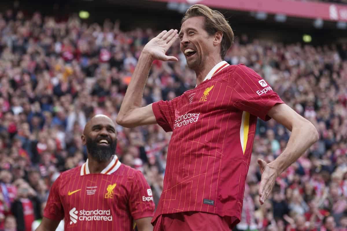 LIVERPOOL, ENGLAND - Saturday, March 22, 2025: Liverpool's Peter Crouch celebrates after scoring during the LFC Foundation match between Liverpool FC Legends and Chelsea FC Legends at Anfield. (Photo by Jon Super/Propaganda)