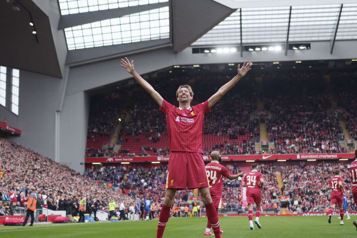LIVERPOOL, ENGLAND - Saturday, March 22, 2025: Liverpool's Peter Crouch celebrates after scoring during the LFC Foundation match between Liverpool FC Legends and Chelsea FC Legends at Anfield. (Photo by Jon Super/Propaganda)