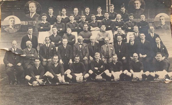 (Please credit within piece: The Bromilow family) Gordon Hodgson, Elisha Scott and Tom Bromilow, Liverpool squad photo 1929/30
