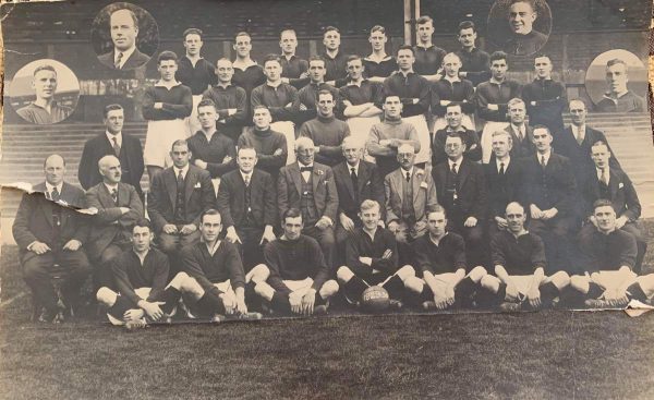 (Please credit within piece: The Bromilow family) Gordon Hodgson, Elisha Scott and Tom Bromilow, Liverpool squad photo 1929/30