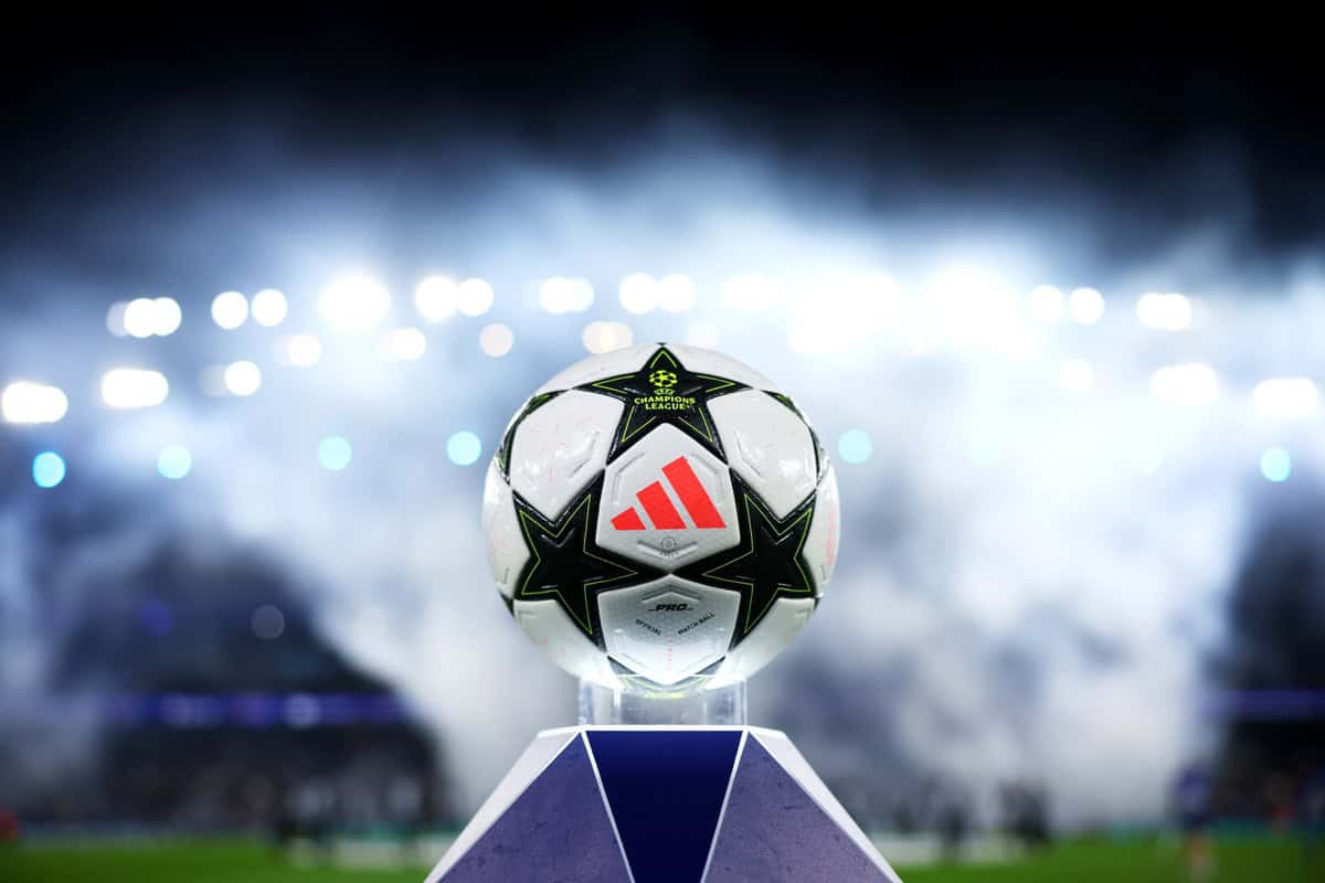 MANCHESTER, ENGLAND - OCTOBER 23: The Adidas UCL PRO 24/25, Official Match Ball of the UEFA Champions League, is displayed on a plinth prior to the UEFA Champions League 2024/25 League Phase MD3 match between Manchester City and AC Sparta Praha at City of Manchester Stadium on October 23, 2024 in Manchester, England. (Photo by Alex Pantling - UEFA/UEFA via Getty Images)
