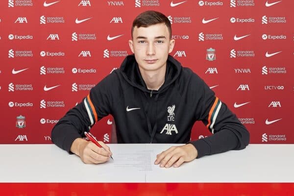 Liverpool FC player Mateusz Musialowski signs his contract at the Axa Training Centre, 07/07/21.. Photo: Nick Taylor/LFC