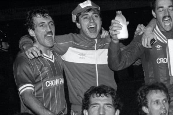 Liverpool's Michael Robinson (back row, second left) as Liverpool celebrate with the Milk Cup after winning the replay 1-0. PA Photo. Issue date: Tuesday April 28, 2020. Former Liverpool and Republic of Ireland striker Michael Robinson has died at the age of 61. See PA story SOCCER Robinson. Photo credit should read PA Photos/PA Wire.