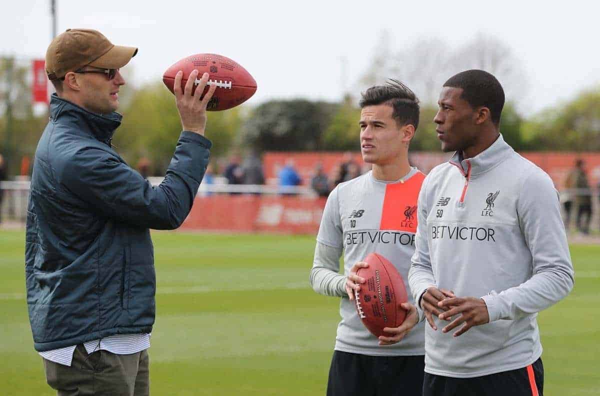 11/4/2017 Washington Redskins Quarterback Kirk Cousins and Miami Dolphins Wide Receiver Jarvis Landry visit Liverpool FC and meet Players Philippe Coutinho and Georginio Wijnaldum Picture Dave Shopland NFL/UK