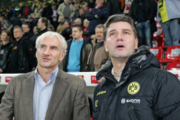 23.10.2009, Bayarena, Leverkusen, GER, 1. FBL, Bayer Leverkusen vs Borussia Dortmund, im Bild Rudi Völler (Sportdirektor Leverkusen) und Michael "Susi" Zorc (Manager Dortmund), EXPA Pictures © 2009 for Austria only, Photographer EXPA / NPH / Mueller