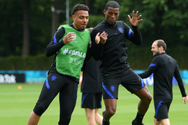 AMSTERDAM, NETHERLANDS - JUNE 12: Donyell Malen and Georginio Wijnaldum (R) of Netherlands train during the Netherlands Training Session ahead of the Euro 2020 Group C match between Netherlands and Ukraine at the KNVB Campus on June 12, 2021 in Amsterdam, Netherlands. (Photo by Lukas Schulze - UEFA)