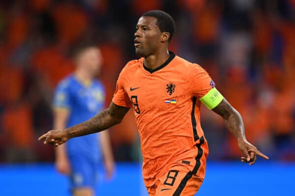 AMSTERDAM, NETHERLANDS - JUNE 13: Georginio Wijnaldum of Netherlands celebrates after scoring their side's first goal during the UEFA Euro 2020 Championship Group C match between Netherlands and Ukraine at the Johan Cruijff ArenA on June 13, 2021 in Amsterdam, Netherlands. (Photo by Lukas Schulze - UEFA/UEFA via Getty Images)