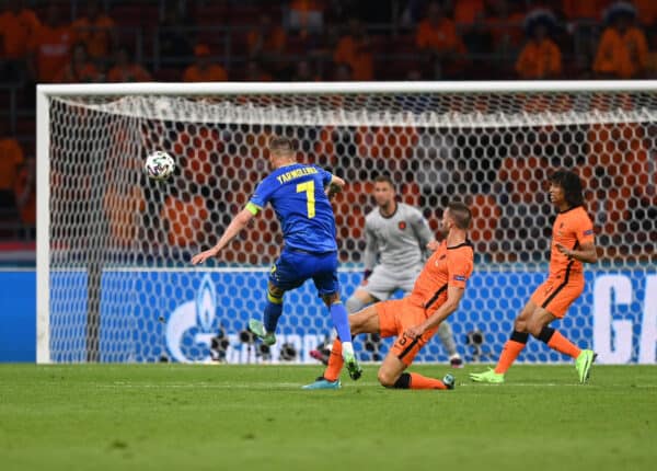 AMSTERDAM, NETHERLANDS - JUNE 13: Andriy Yarmolenko of Ukraine scores their side's first goal during the UEFA Euro 2020 Championship Group C match between Netherlands and Ukraine at the Johan Cruijff ArenA on June 13, 2021 in Amsterdam, Netherlands. (Photo by Lukas Schulze - UEFA/UEFA via Getty Images)