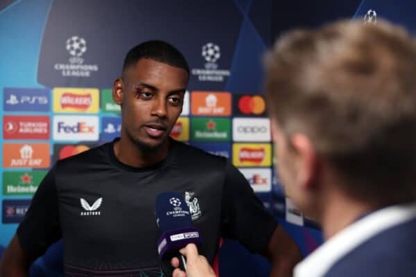 NEWCASTLE UPON TYNE, ENGLAND - OCTOBER 04: Alexander Isak of Newcastle United answers questions from the media following the UEFA Champions League match between Newcastle United FC and Paris Saint-Germain at St. James Park on October 04, 2023 in Newcastle upon Tyne, England. (Photo by Jan Kruger - UEFA/UEFA via Getty Images)