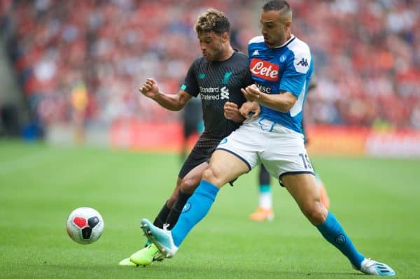 EDINBURGH, SCOTLAND - Sunday, July 28, 2019: Liverpool's Alex Oxlade-Chamberlain (L) and SSC Napoli's Nikola Maksimovi? during a pre-season friendly match between Liverpool FC and SSC Napoli at Murrayfield Stadium. (Pic by David Rawcliffe/Propaganda)