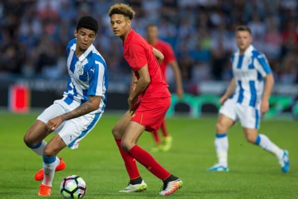 HUDDERSFIELD, ENGLAND - Wednesday, July 20, 2016: Liverpool's Shamal George in action against Huddersfield Town's Philip Billing during the Shankly Trophy pre-season friendly match at the John Smith’s Stadium. (Pic by Paul Greenwood/Propaganda)