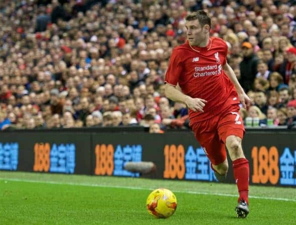 LIVERPOOL, ENGLAND - Monday, January 25, 2016: Liverpool's James Milner in action during the Football League Cup Semi-Final 2nd Leg match against Stoke City at Anfield. (Pic by David Rawcliffe/Propaganda)