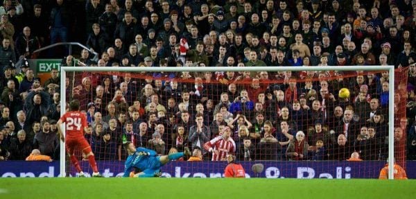 LIVERPOOL, ENGLAND - Monday, January 25, 2016: Liverpool's Joe Allen scoring a penalty during the Football League Cup Semi-Final 2nd Leg match against Stoke City at Anfield. (Pic by David Rawcliffe/Propaganda)