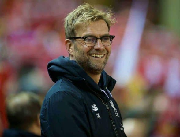 LIVERPOOL, ENGLAND - Monday, January 25, 2016: Liverpool's manager Jürgen Klopp before the Football League Cup Semi-Final 2nd Leg match against Stoke City at Anfield. (Pic by David Rawcliffe/Propaganda)