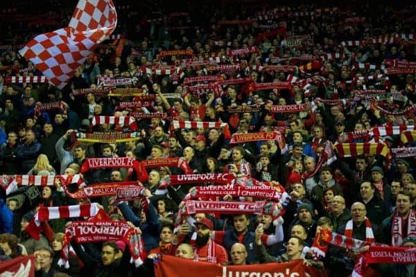 LIVERPOOL, ENGLAND - Monday, January 25, 2016: Liverpool supporters in Kop stand before kick-off of the Football League Cup Semi-Final 2nd Leg match against Stoke City at Anfield. (Pic by David Rawcliffe/Propaganda)