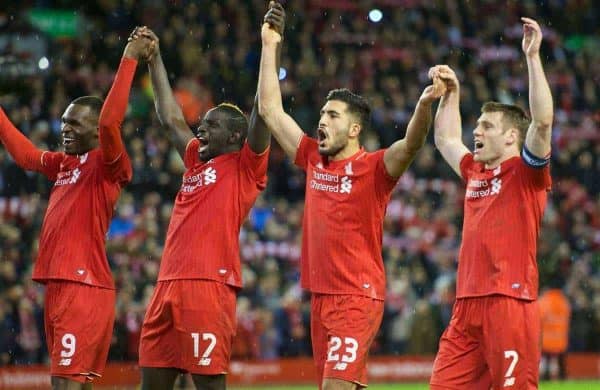 LIVERPOOL, ENGLAND - Monday, January 25, 2016: Liverpool's players thanking fans after 6-6 winning in penalties during the Football League Cup Semi-Final 2nd Leg match against Stoke City at Anfield. (Pic by David Rawcliffe/Propaganda)