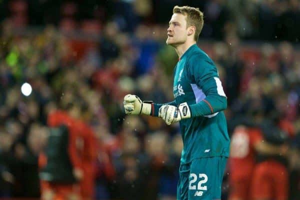 LIVERPOOL, ENGLAND - Monday, January 25, 2016: Liverpool's goalkeeper Simon Mignolet celebrating the victory after 6-6 winning in penalties during the Football League Cup Semi-Final 2nd Leg match against Stoke City at Anfield. (Pic by David Rawcliffe/Propaganda)