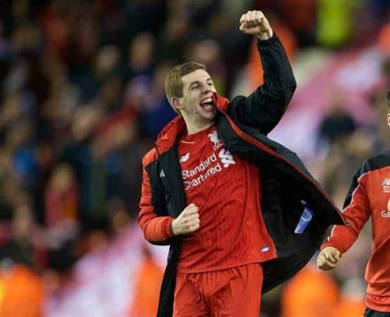 LIVERPOOL, ENGLAND - Monday, January 25, 2016: Liverpool's Jon Flanagan celebrating the victory after 6-6 winning in penalties during the Football League Cup Semi-Final 2nd Leg match against Stoke City at Anfield. (Pic by David Rawcliffe/Propaganda)