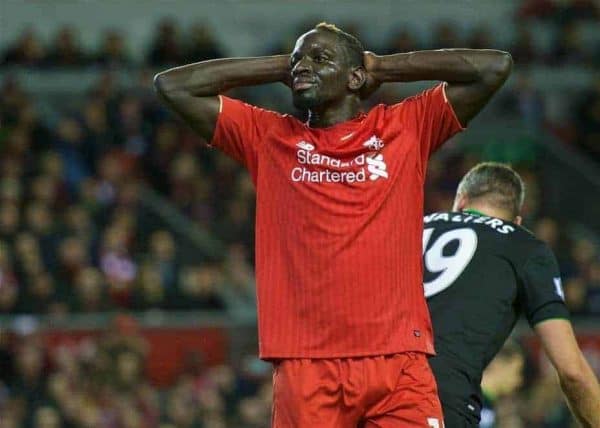 LIVERPOOL, ENGLAND - Monday, January 25, 2016: Liverpool's Mamadou Sakho looks frustrated after missing a chance during the Football League Cup Semi-Final 2nd Leg match against Stoke City at Anfield. (Pic by David Rawcliffe/Propaganda)