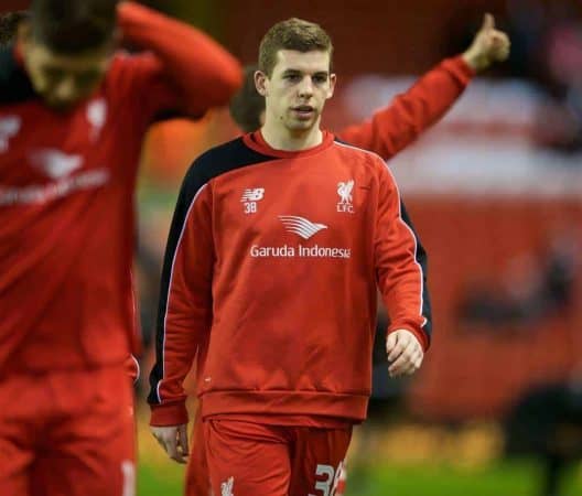 LIVERPOOL, ENGLAND - Monday, January 25, 2016: Liverpool's Jon Flanagan warming up before the Football League Cup Semi-Final 2nd Leg match against Stoke City at Anfield. (Pic by David Rawcliffe/Propaganda)