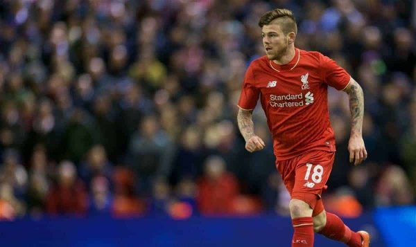 LIVERPOOL, ENGLAND - Monday, January 25, 2016: Liverpool's Alberto Moreno in action during the Football League Cup Semi-Final 2nd Leg match against Stoke City at Anfield. (Pic by David Rawcliffe/Propaganda)