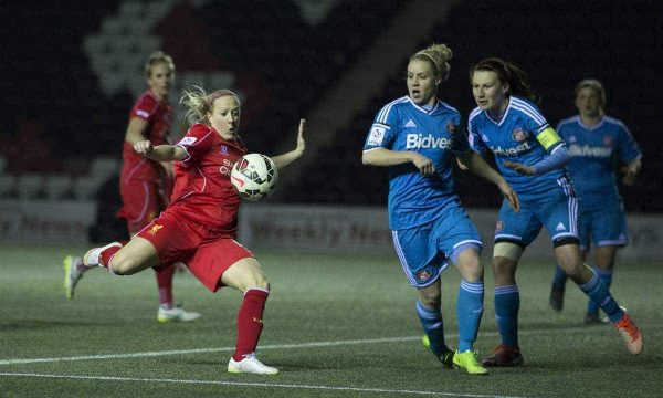 WIDNES, ENGLAND - Wednesday, March 25, 2015: Liverpool Ladies' substitute Line Smorsgard goes close towards the end against Sunderland AFC Ladies during the FA Women's Super League match at the Halton Stadium. (Pic by Gareth Jones/Propaganda)