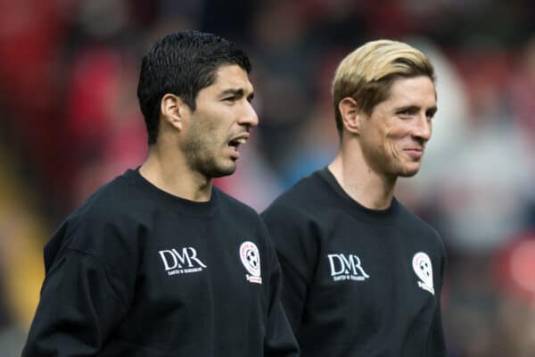 LIVERPOOL, ENGLAND - Sunday, March 29, 2015: Luis Suarez and Fernando Torres warm up prior to the Liverpool All Star Charity match at Anfield. (Pic by Richard Martin-Roberts/Propaganda)