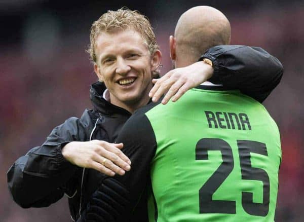 LIVERPOOL, ENGLAND - Sunday, March 29, 2015: Dirk Kuyt embraces Pepe Reina during the Liverpool All Star Charity match at Anfield. (Pic by Richard Martin-Roberts/Propaganda)