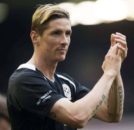 LIVERPOOL, ENGLAND - Sunday, March 29, 2015: Fernando Torres salutes the Kop during the Liverpool All Star Charity match at Anfield. (Pic by Richard Martin-Roberts/Propaganda)