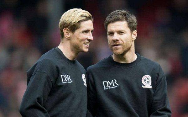 LIVERPOOL, ENGLAND - Sunday, March 29, 2015: Fernando Torres and Xabi Alonso (R) chat prior to the Liverpool All Star Charity match at Anfield. (Pic by Richard Martin-Roberts/Propaganda)