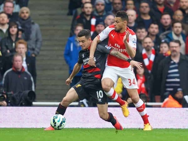 LONDON, ENGLAND - Saturday, April 4, 2015: Liverpool's Philippe Coutinho Correia in action against Arsenal's Francis Coquelin during the Premier League match at the Emirates Stadium. (Pic by Chris Brunskill/Propaganda)