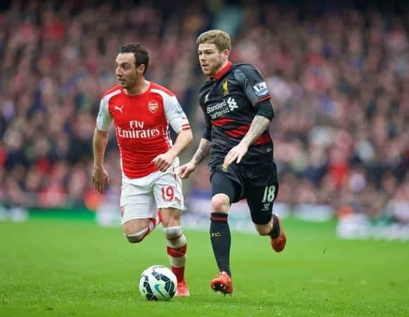 LONDON, ENGLAND - Saturday, April 4, 2015: Liverpool's Alberto Moreno in action against Arsenal during the Premier League match at the Emirates Stadium. (Pic by David Rawcliffe/Propaganda)