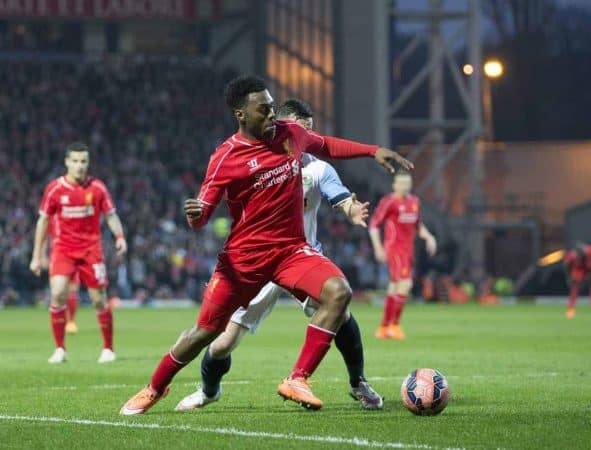 BLACKBURN, ENGLAND - Wednesday, April 8, 2015: Liverpool's Daniel Sturridge in action against Blackburn Rovers during the FA Cup 6th Round Quarter-Final Replay match at Ewood Park. (Pic by Gareth Jones/Propaganda)