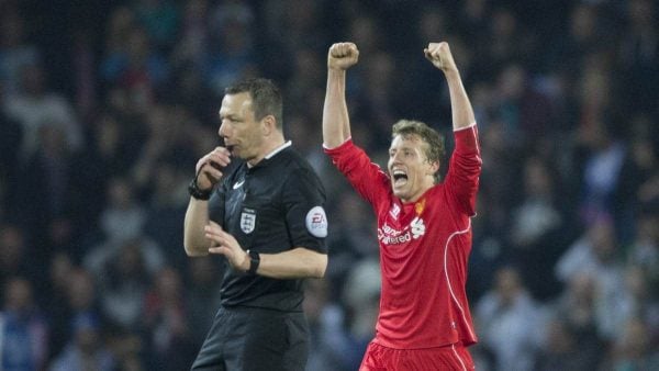 BLACKBURN, ENGLAND - Wednesday, April 8, 2015: Liverpool's Lucas Leiva celebrates the win against Blackburn Rovers in the FA Cup 6th Round Quarter-Final Replay match at Ewood Park. (Pic by Gareth Jones/Propaganda)