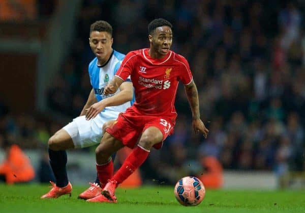 BLACKBURN, ENGLAND - Wednesday, April 8, 2015: Liverpool's Raheem Sterling in action against Blackburn Rovers during the FA Cup 6th Round Quarter-Final Replay match at Ewood Park. (Pic by David Rawcliffe/Propaganda)