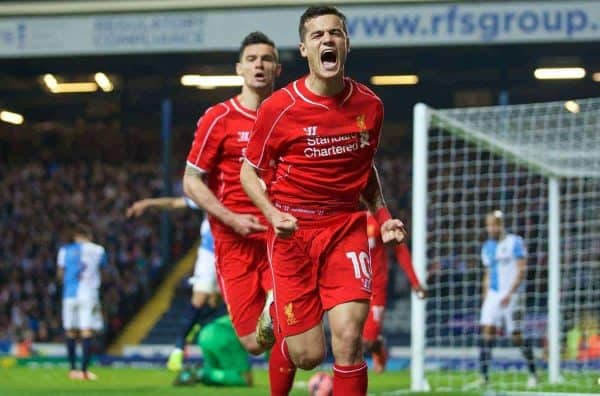 BLACKBURN, ENGLAND - Wednesday, April 8, 2015: Liverpool's Philippe Coutinho Correia celebrates scoring the first goal against Blackburn Rovers during the FA Cup 6th Round Quarter-Final Replay match at Ewood Park. (Pic by David Rawcliffe/Propaganda)