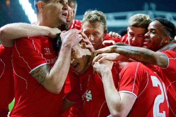 BLACKBURN, ENGLAND - Wednesday, April 8, 2015: Liverpool's Philippe Coutinho Correia celebrates scoring the first goal against Blackburn Rovers during the FA Cup 6th Round Quarter-Final Replay match at Ewood Park. (Pic by David Rawcliffe/Propaganda)