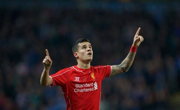 BLACKBURN, ENGLAND - Wednesday, April 8, 2015: Liverpool's Philippe Coutinho Correia celebrates scoring the first goal against Blackburn Rovers during the FA Cup 6th Round Quarter-Final Replay match at Ewood Park. (Pic by David Rawcliffe/Propaganda)