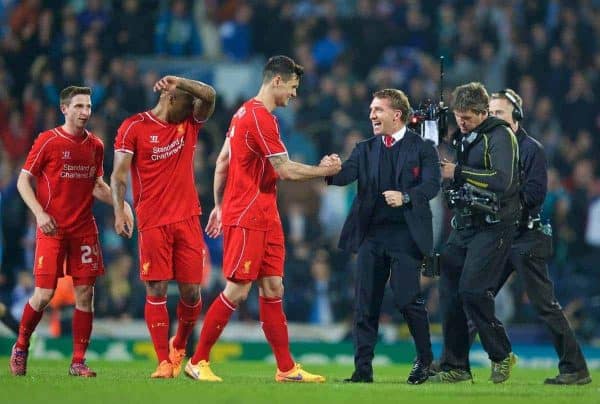 BLACKBURN, ENGLAND - Wednesday, April 8, 2015: Liverpool's manager Brendan Rodgers congratulates Dejan Lovren after their 1-0 victory over Blackburn Rovers during the FA Cup 6th Round Quarter-Final Replay match at Ewood Park. (Pic by David Rawcliffe/Propaganda)