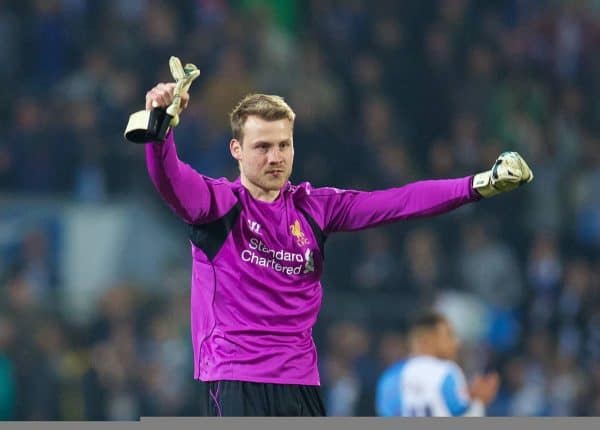 BLACKBURN, ENGLAND - Wednesday, April 8, 2015: Liverpool's goalkeeper Simon Mignolet celebrates his side's 1-0 victory over Blackburn Rovers during the FA Cup 6th Round Quarter-Final Replay match at Ewood Park. (Pic by David Rawcliffe/Propaganda)