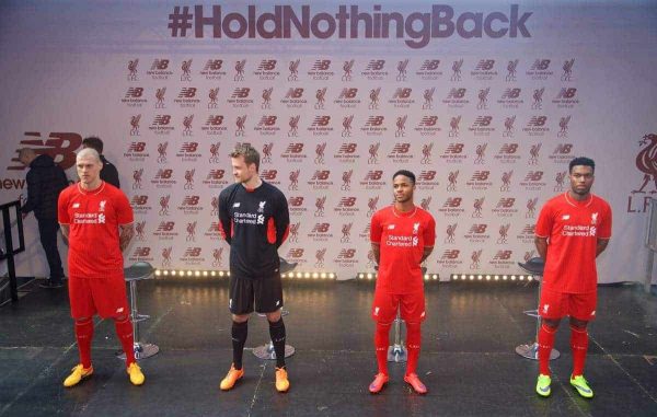 LIVERPOOL, ENGLAND - Friday, April 10, 2015: Liverpool's Martin Skrtel, goalkeeper Simon Mignolet, Raheem Sterling and Daniel Sturridge during the launch for the New Balance 2015/16 home kit at Anfield. (Pic by Paul Currie/Propaganda)