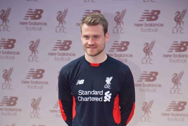 LIVERPOOL, ENGLAND - Friday, April 10, 2015: Liverpool's goalkeeper Simon Mignolet during the launch for the New Balance 2015/16 home kit at Anfield. (Pic by Paul Currie/Propaganda)