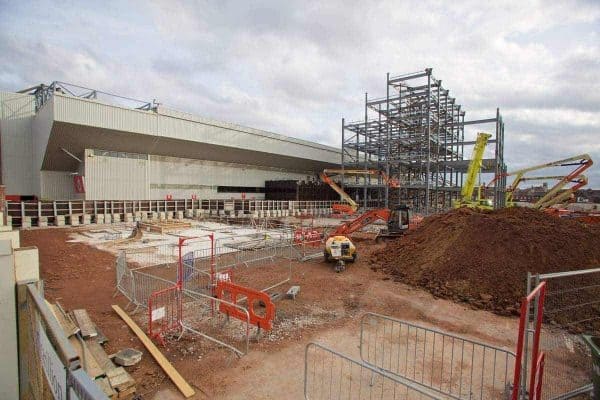 LIVERPOOL, ENGLAND - Monday, April 13, 2015: Construction work on the new Main Stand at Liverpool Anfield Stadium. (Pic by David Rawcliffe/Propaganda)