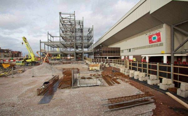 LIVERPOOL, ENGLAND - Monday, April 13, 2015: Construction work on the new Main Stand at Liverpool Anfield Stadium. (Pic by David Rawcliffe/Propaganda)