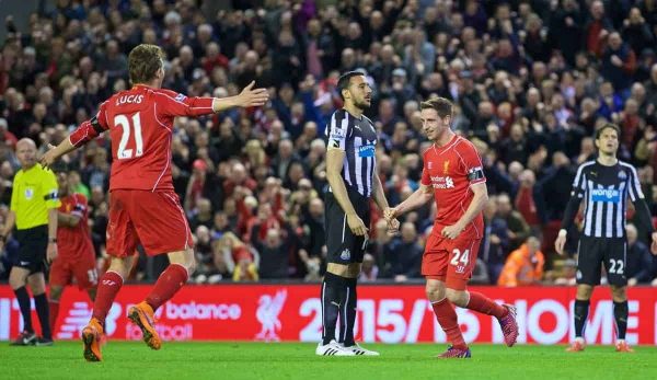 LIVERPOOL, ENGLAND - Monday, April 13, 2015: Liverpool's Joe Allen celebrates scoring the second goal against Newcastle United during the Premier League match at Anfield. (Pic by David Rawcliffe/Propaganda)