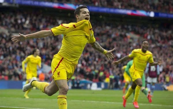 LONDON, ENGLAND - Sunday, April 19, 2015: Liverpool's Philippe Coutinho Correia celebrates his goal against Aston Villa during the FA Cup Semi-Final match at Wembley Stadium. (Pic by Gareth Jones/Propaganda)