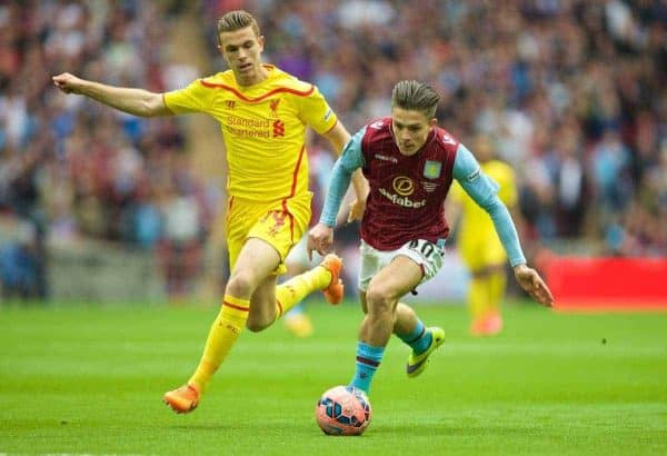 LONDON, ENGLAND - Sunday, April 19, 2015: Liverpool's captain Jordan Henderson in action against Aston Villa's Jack Grealish during the FA Cup Semi-Final match at Wembley Stadium. (Pic by David Rawcliffe/Propaganda)